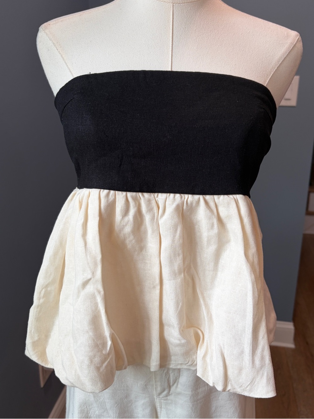 Parker Black Ivory Linen Blend Strapless Peplum Babydoll Top Medium